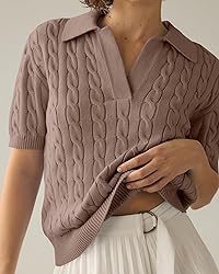 Imily Bela Women's Cable Short Sleeve Sweaters Tops
