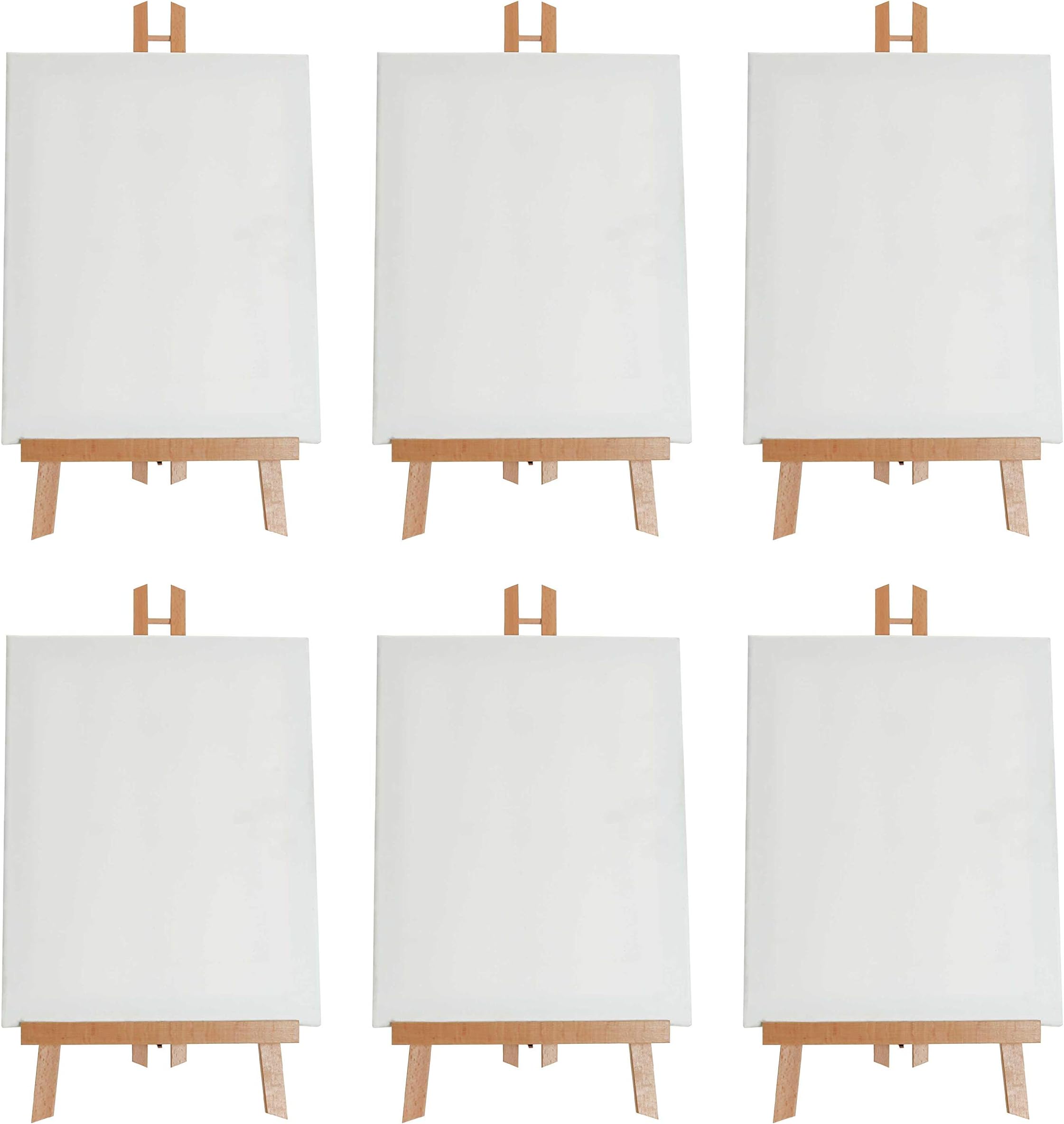 U.S. Art Supply 11" x 14" Stretched Canvas with 18" Tabletop Display Stand A-Frame Artist Easel Kit (Pack of 6) - Beechwood Tripod, Kids Student Painting Party, Portable Canvas Picture, Sign Holder