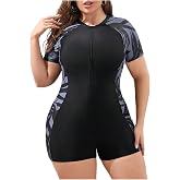 Floerns Women's Plus Size One Piece Swimsuits Sleeves Zipper Surfing Rash Guard Bathing Suit