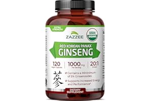 Zazzee USDA Organic Red Korean Panax Ginseng 20:1 Extract, 1000 mg, 5% Ginsenosides, 120 Vegan Capsules, Standardized and Concentrated 20X Root Extract, 100% Vegetarian, All-Natural, Made in The USA