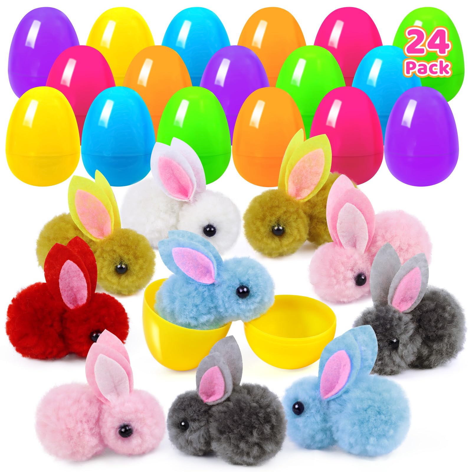 HKKDKTA 24 Pack Prefilled Easter Eggs Fillers for Kids with Bunny Plush Toys, Colorful Filled Easter Eggs Stuffers, Easters Egg Filled with Toys for Kids Toddler Teens Boys Girls