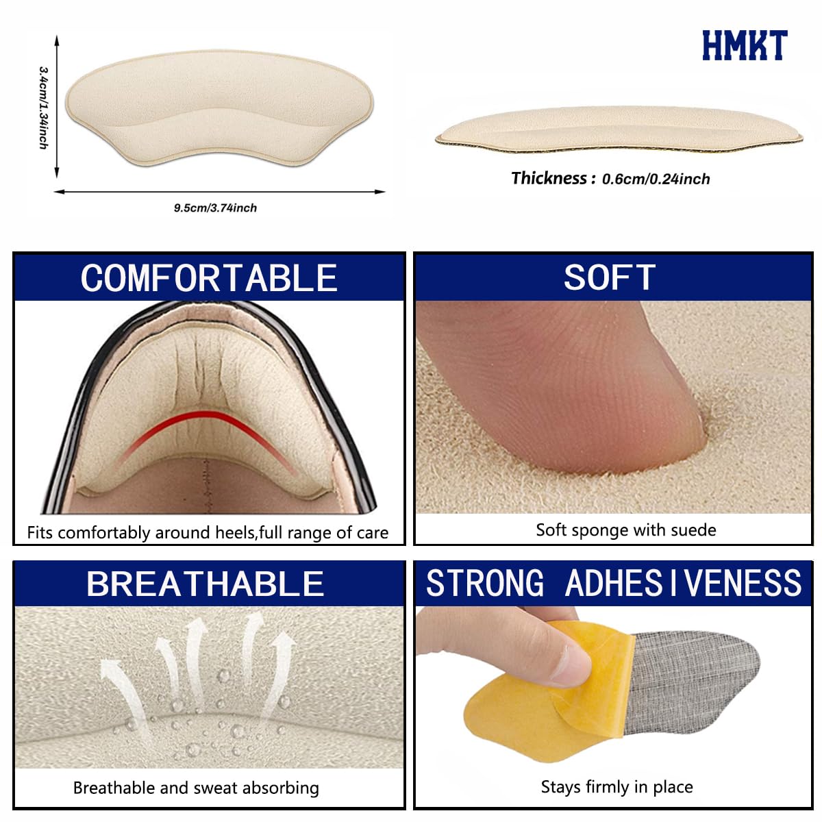 HMKT Heel Grips Liner Cushions Inserts for Loose Shoes Heel Pads and Metatarsal Pads for Shoes Too Big Women Men Prevent Heel Pain Blisters (Beige+Black)