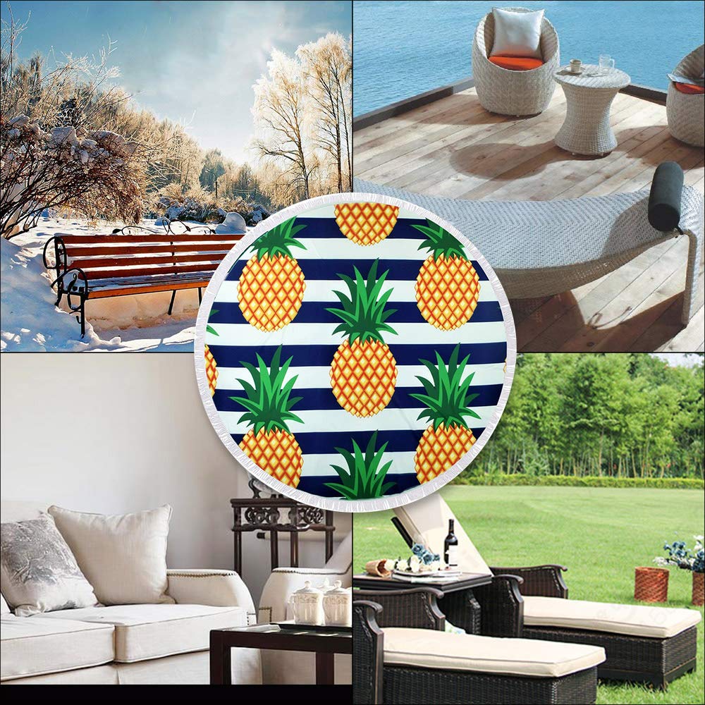 btcus4 Round Beach Towel Circle Blanket with Tassels Thick Microfiber Ultra Soft Super Water Absorbent Digital Printing High Color Fastness Multi-Purpose Sunscreen Yoga Mat Camping (120-pineapple)