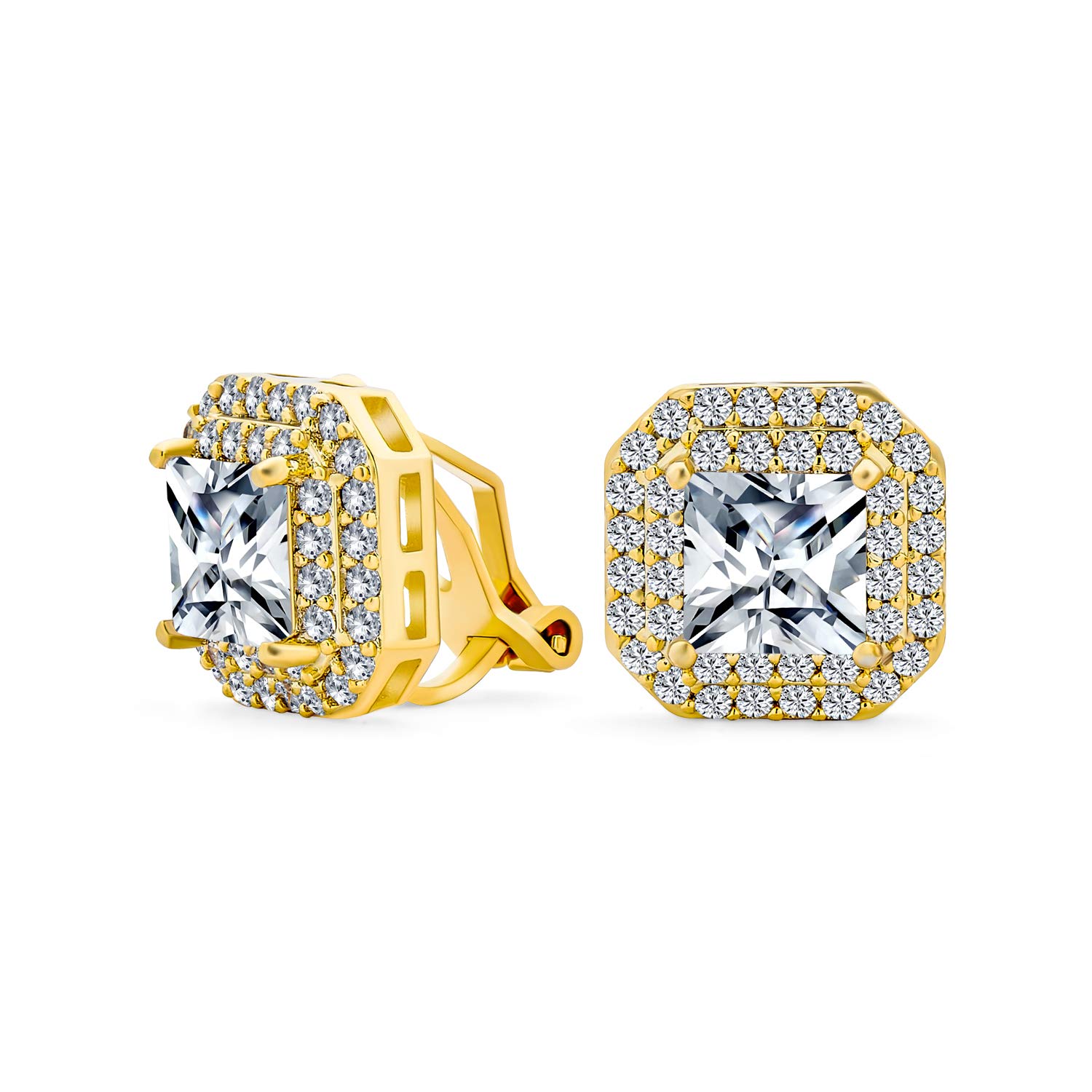 Traditional Classic Fashion Formal Holiday Party Bridal Square Princess Cut Clear Cubic Zirconia Pave Halo AAA CZ Stud Clip On Earrings For Women Wedding Non Pierced Ear Yellow Gold Plated