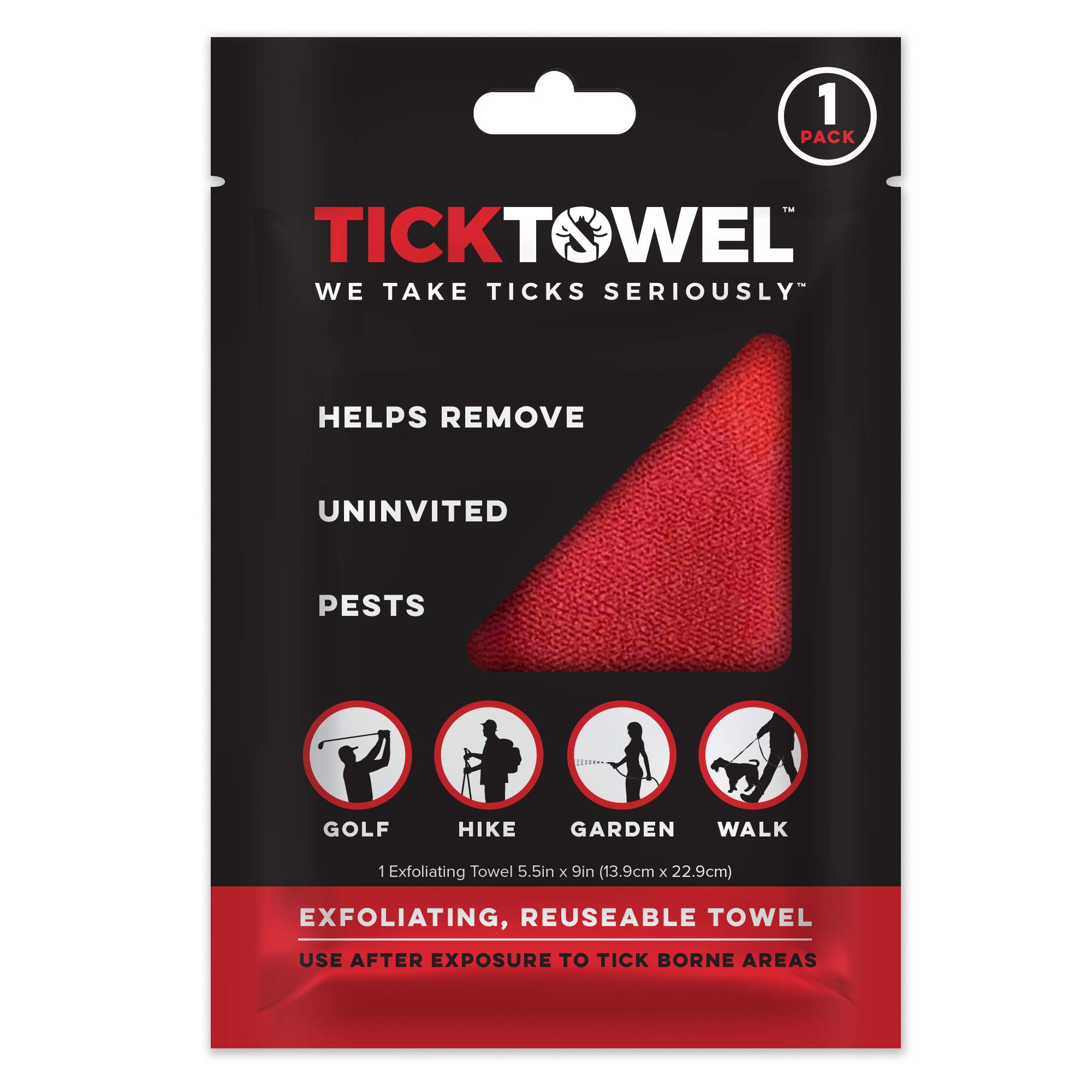TICKTOWEL 1-Pack - Wash Away Ticks in The Shower - Reduce Risk of Tick-borne Diseases Including Lyme Disease - Red, 5.5" x 8" Exfoliating Towel - Perfect for Gardeners, Golfers, Hikers and Walkers
