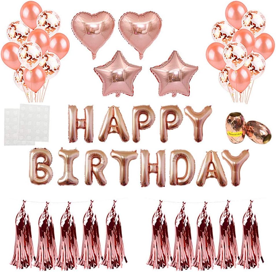 Tenrany Home 52pcs Rose Gold Happy Birthday Party Balloon Decorations Set for Girls and Women Including “HAPPY BIRTHDAY” Letter Balloon Banner Foil Balloons Confetti Balloon Party Supplies