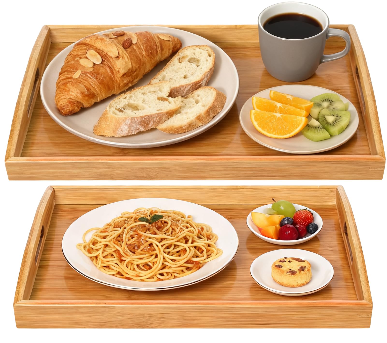 Photo 1 of 2 Pack Bamboo Serving Tray with Handles, Portable Bed Tray for Breakfast Dinner, Eating Trays for Living Room,Restaurants