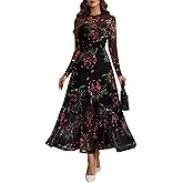 GothDark Womens Floral Mesh Dress Long Sleeve Round Neck A Line Gothic Vintage Casual Wedding Guest Maxi Dresses