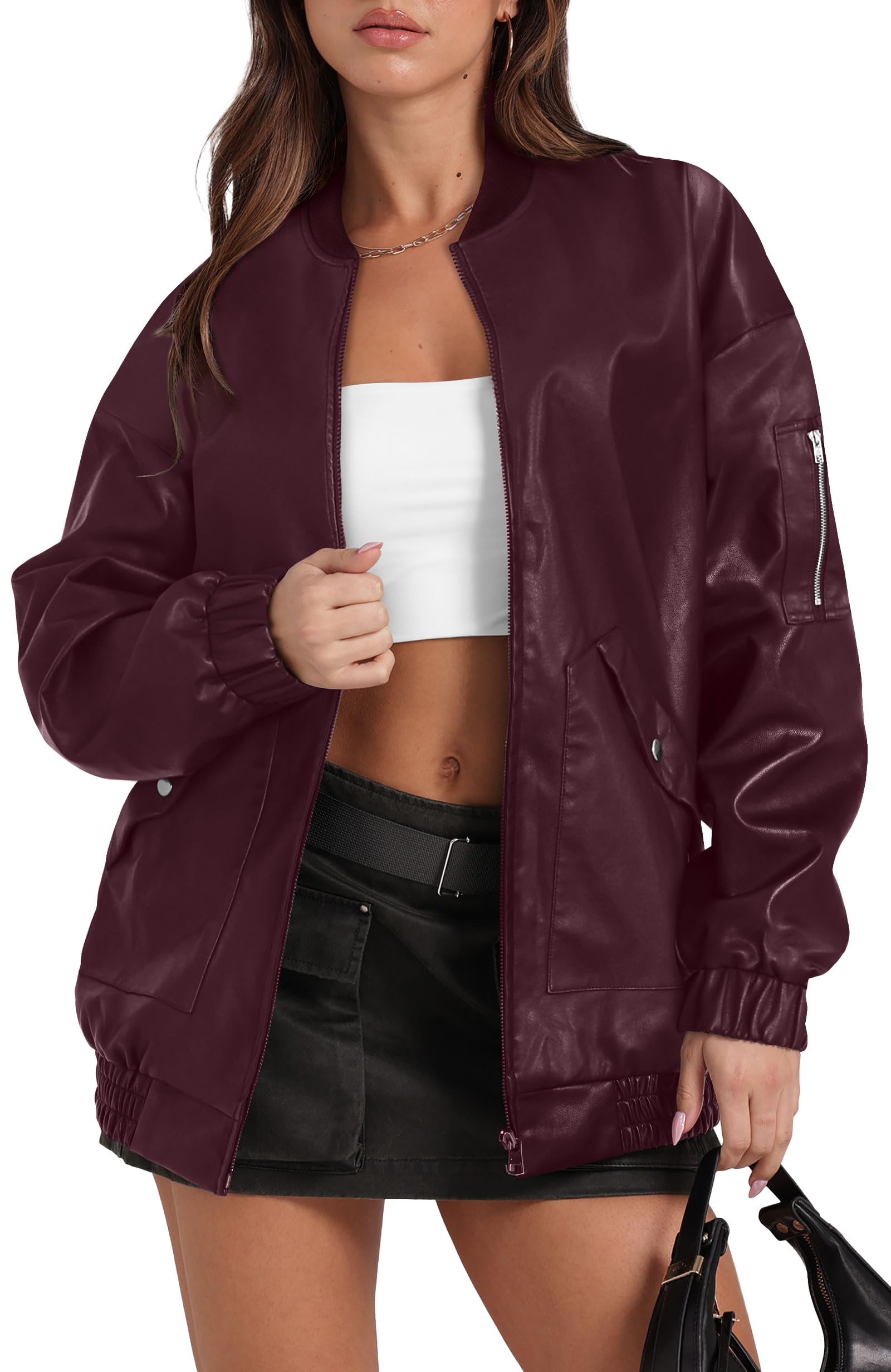 Sampeel Leather Jacket Women Faux Oversized Motorcycle Bomber Coats 2025 Fall Fashion Outfits Winter Clothes Burgundy L Image