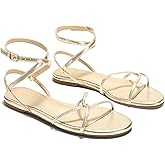Coutgo Womens Flat Sandals Strappy Open Toe Cross Lace Up Ankle Strap Summer Dressy Beach Shoes