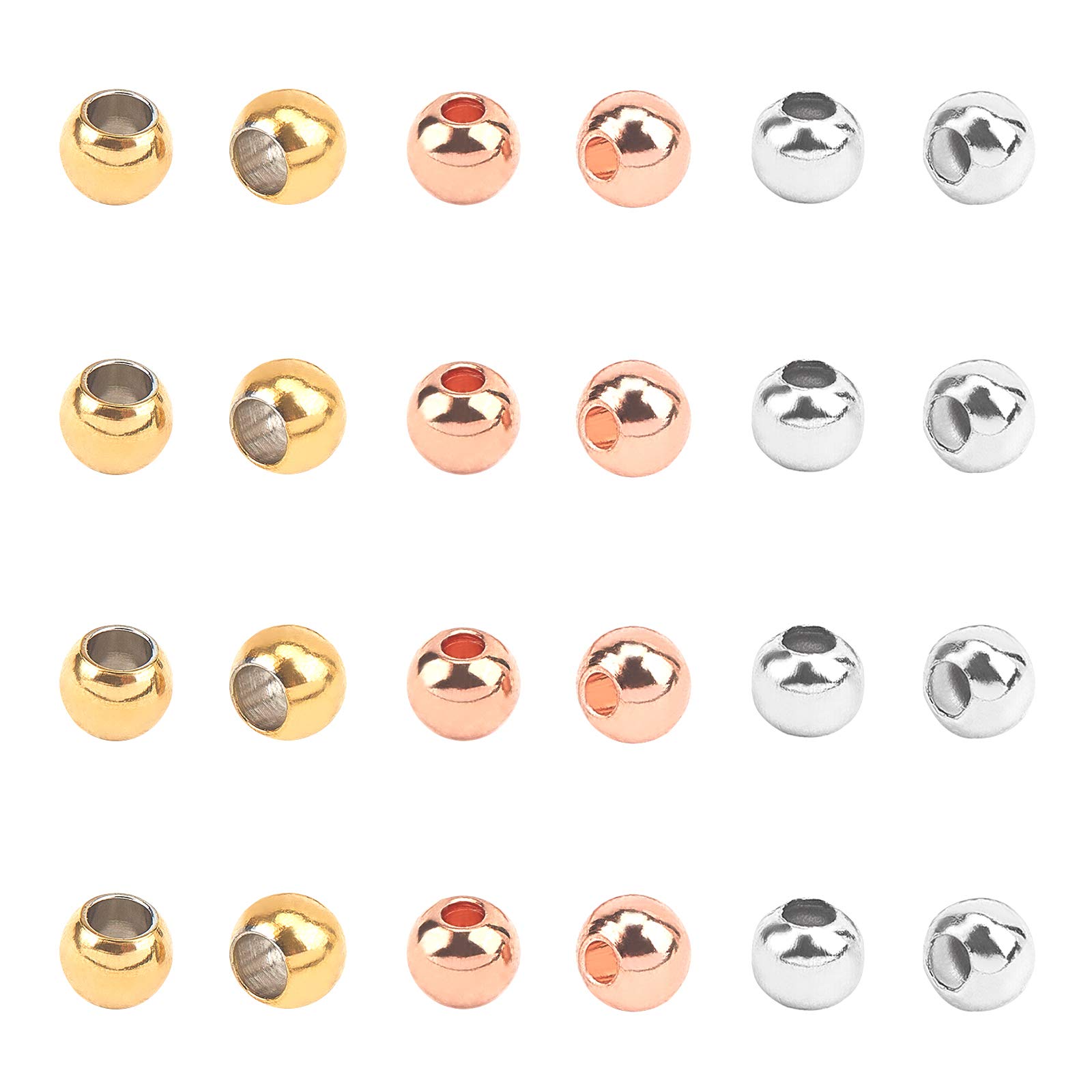 UNICRAFTALE 120pcs 3 Colors 4mm Round Spacer Beads 304 Stainless Steel Loose Beads Small Hole Spacer Beads Smooth Surface Beads Finding for DIY Jewelry Making Craft, Hole 1~2mm