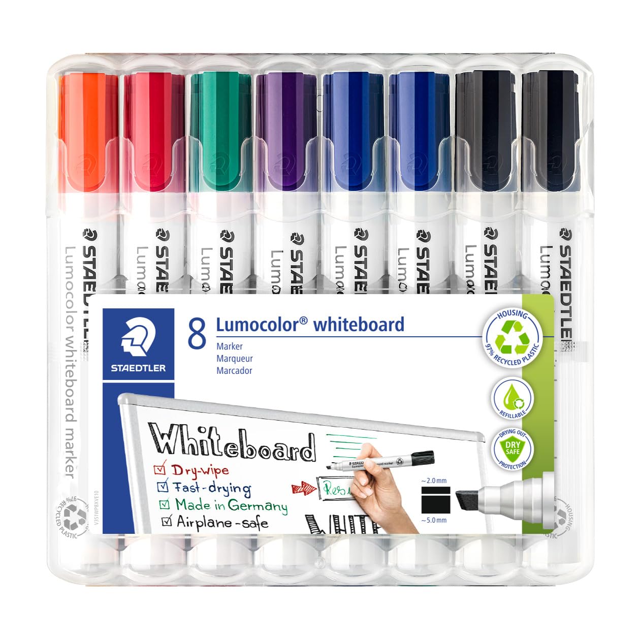 Staedtler Lumocolor 351 B WP8X Whiteboard Marker (Chisel Tip Approx. 2 or 5 mm Line Width, Set of 8 Markers, Dry and Residue- Wiping from Whiteboards)