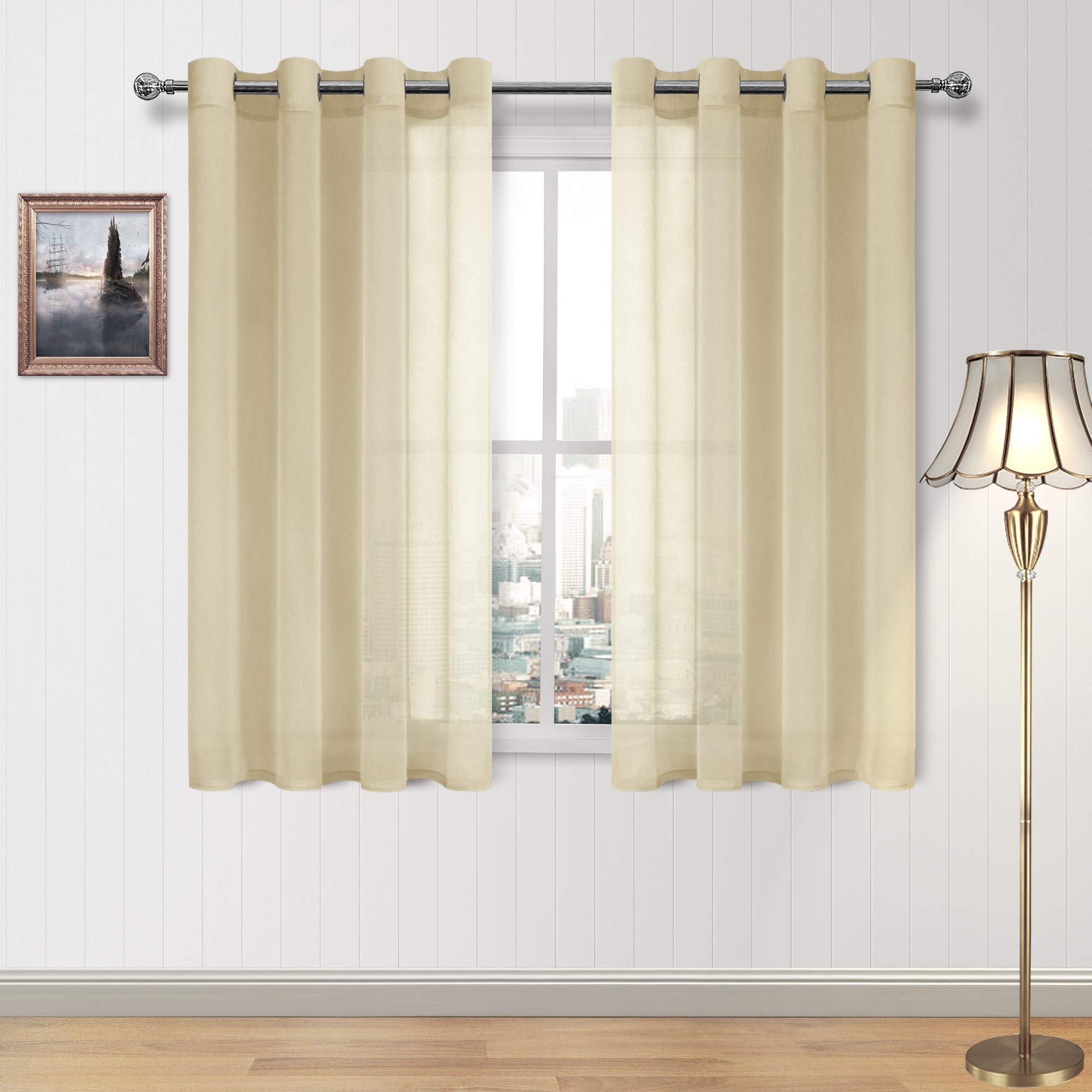DWCN Sheer Curtains Grommet Window Curtain for Bedroom Beige Voile Sheer Curtains Set of 2 Panels 52 x 54 Inch Long,