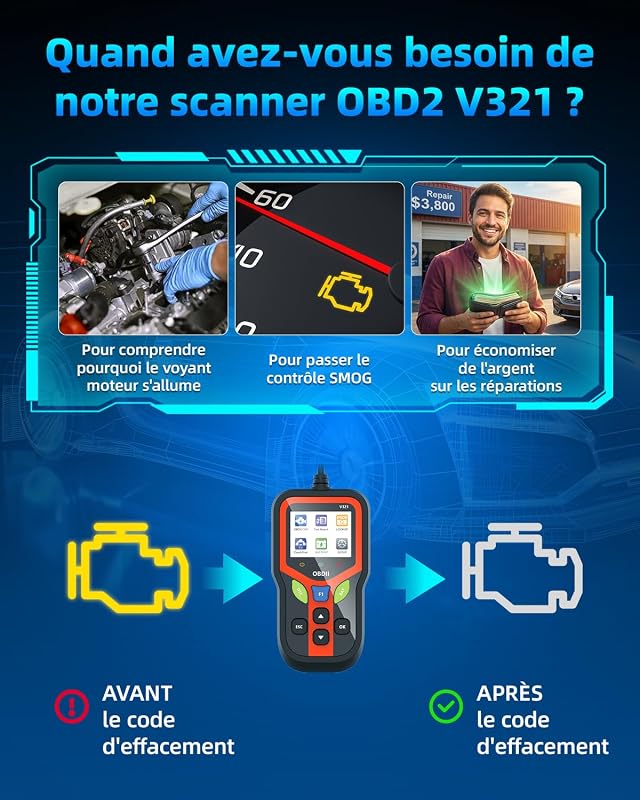 OBD2 Diagnostic Voiture, Valise Diagnostic Auto, OBD2 Diagnostic Français pour Tous Les Véhicules Depuis 1996 Et Plus Récents (Noir)