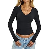 EasyGala Womens Cotton Long Sleeve Shirts V Neck Slim Fit Tops Basic Tees Going Out Outfits 2025 Fall Spring