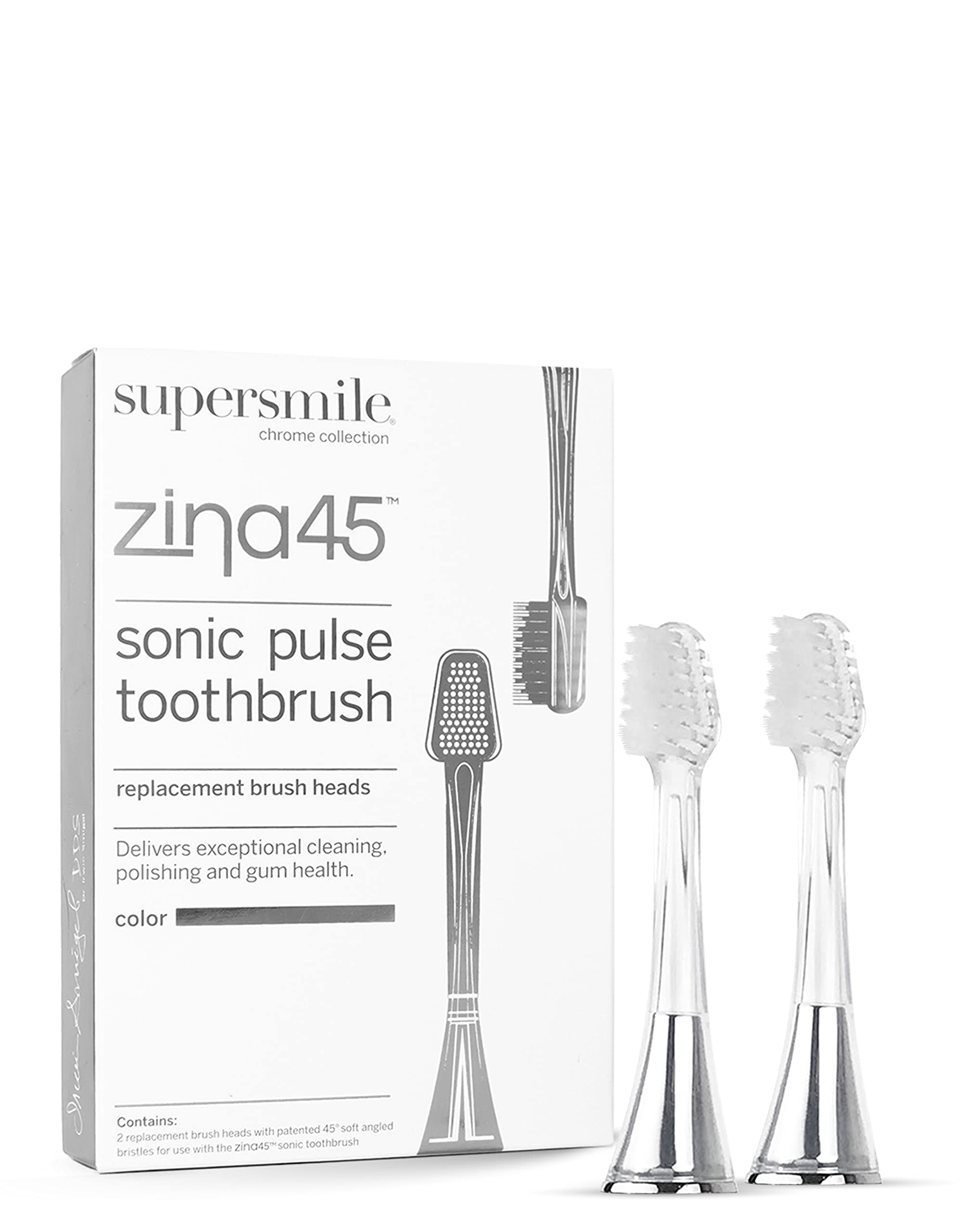 Supersmile Zina45 Replacement Brush Heads for Sonic Pulse Toothbrush, Silver, 2 Count (Pack of 1)
