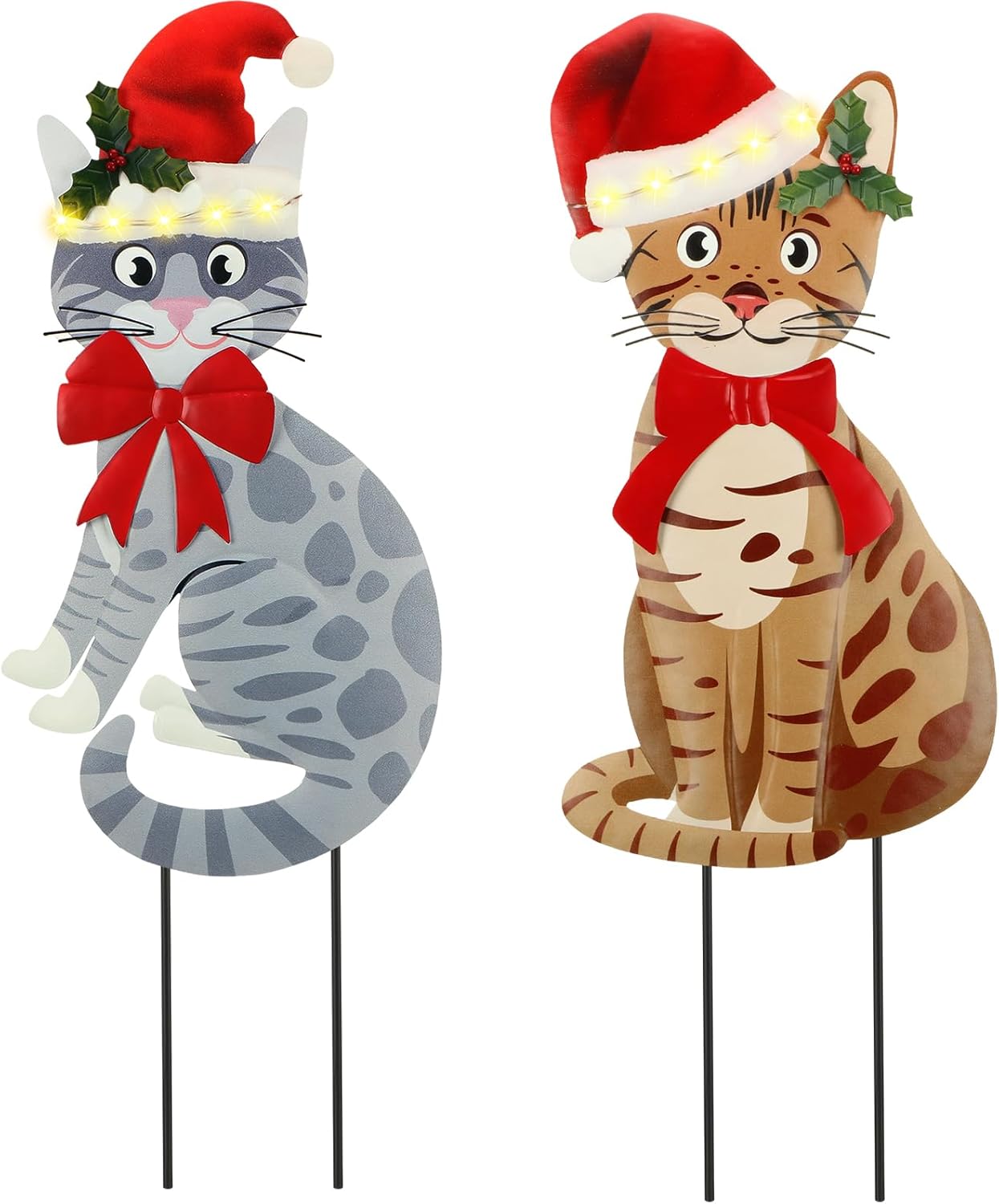 Decorative Garden Stakes - 2 Sets 27 Inch Christmas Cat Metal Solar Christmas Stake, Solar Light Strings Christmas Cat Decorative Garden Stakes Metal Cat with Santa Hat for Xmas Holiday Garden Lawn Outdoor Decoration