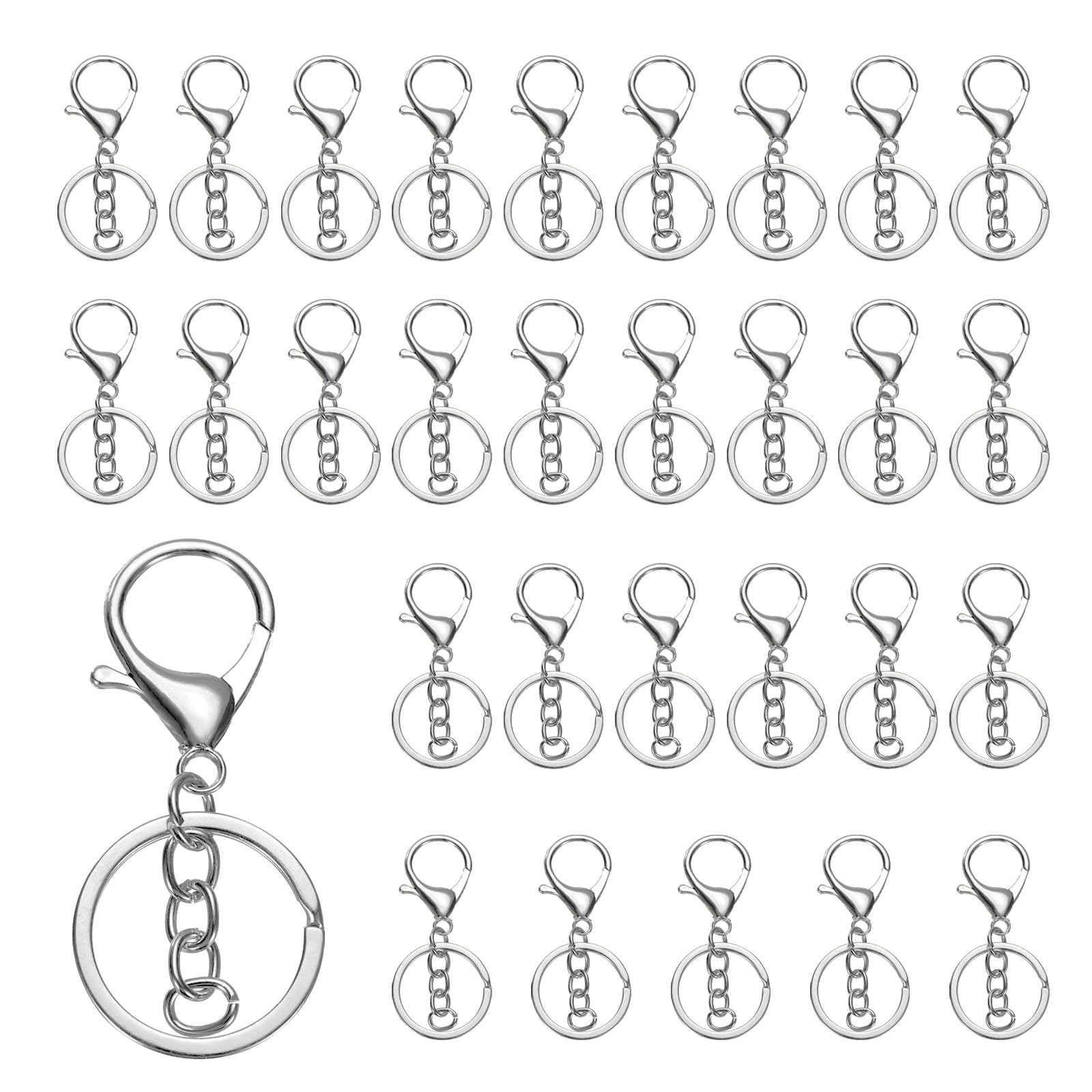 uxcell Lobster Claw Clasps Keychain, 30 Pcs Lobster Claw Clasp Hook with Flat Split Keychain Ring and Chain for DIY Craft Key Chain Accessories, White K