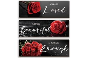 ZINYAZHE 3 Pieces Red Roses Wall Decor Inspirational Red Bathroom Decor Wooden Wall Art Positive Quotes You Are Loved You Are Beautiful You Are Enough for Teen Girls Women Office Bedroom(Red Rose 12 x 4 Inch)