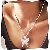JONKY Rhinestone Butterfly Choker Necklace Silver Butterfly Pendant Necklaces Sparkly Tennis Chain Neck Jewelry for Women
