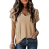 Dokotoo Women Tops Casual Spring Summer Short Sleeve Blouses for Women Trendy 2025 Fashion Embroidered Hollow Out Top Womens Business Crewneck Shirts Blouse Khaki XX-Large