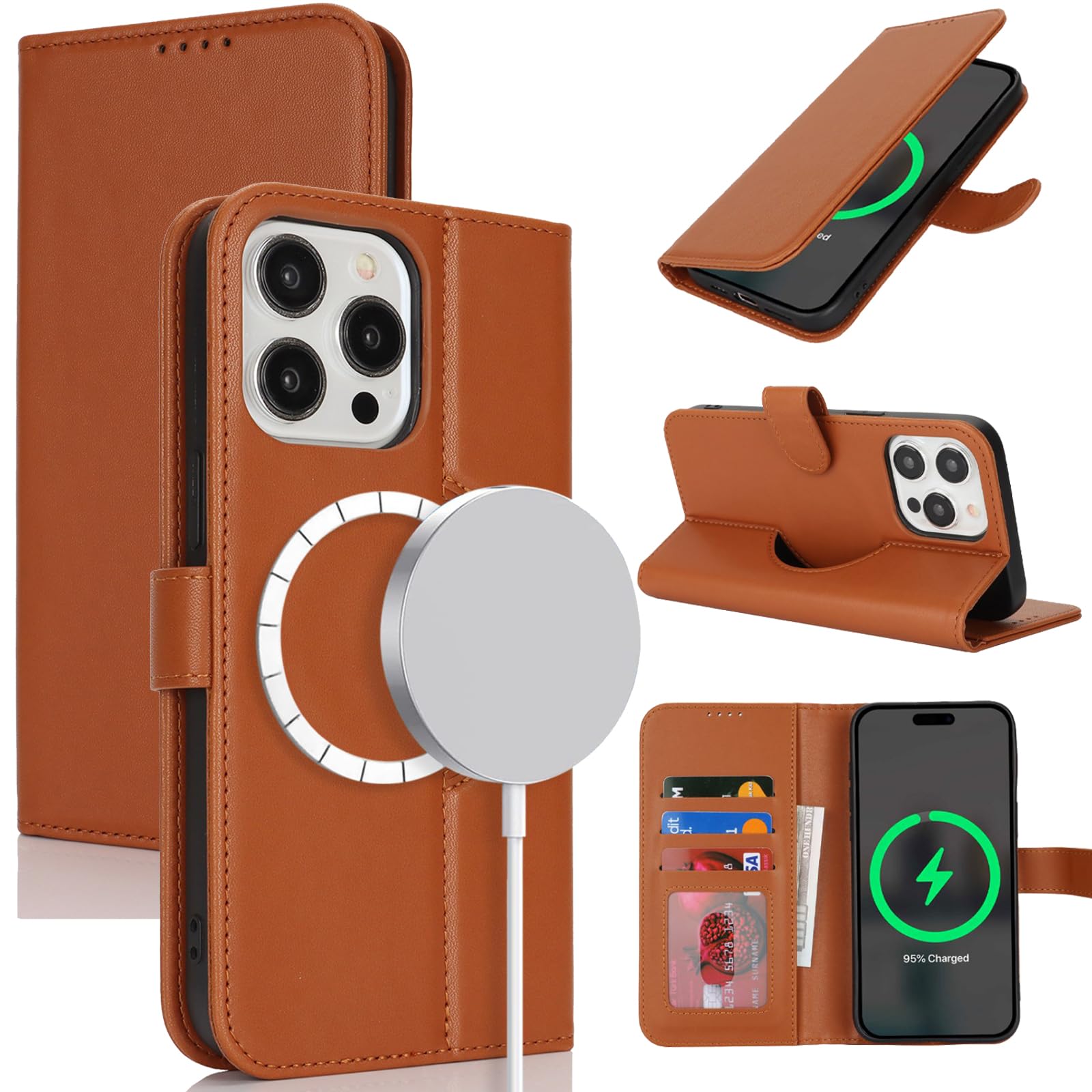 Zouzt Case for iPhone 15 Pro Max (6.7"), [Compatible with MagSafe] Magnetic PU Leather Wallet Case with Card Holders and Kickstand, Wireless Charging Flip Folio Phone Cover - Light Brown