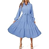 BerryGo Womens Long Sleeve Dresses 2026 Maxi Casual V Neck Belted Button Down Wedding Guest Shirt Dress with Pockets