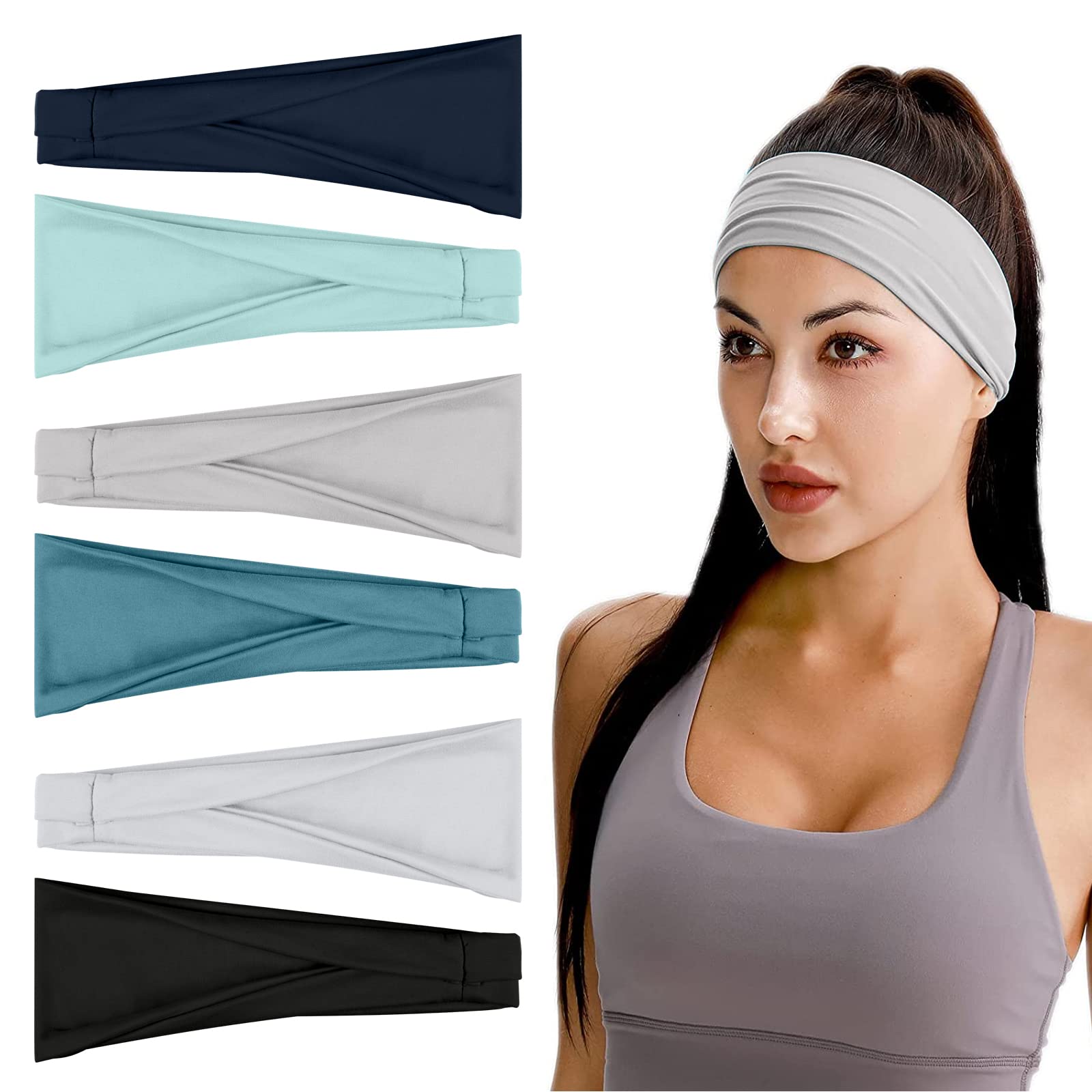 Flintronic Sports Headband, 6 Pack Women's Sweat bands Bandana Scaf, Non Slip Head Sweat Bands for Sports, Yoga, Running - UV Resistance, Unisex