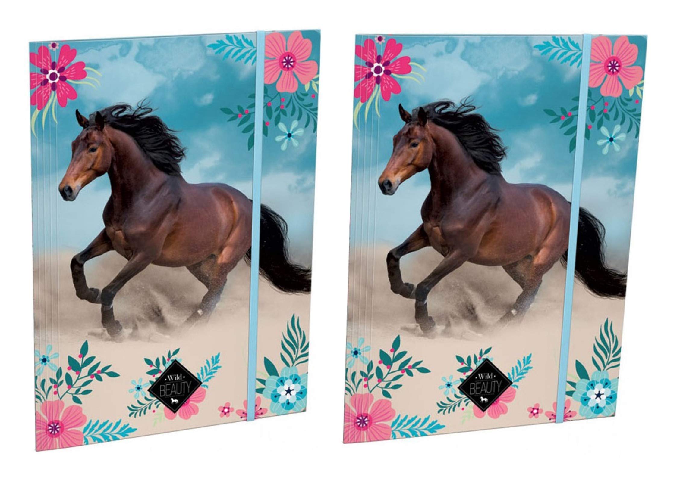Cute Horses 2 x High Gloss Folder Document Folder with Elastic Band DIN Children's Juris Folder A4 (2 x Horse BAA)