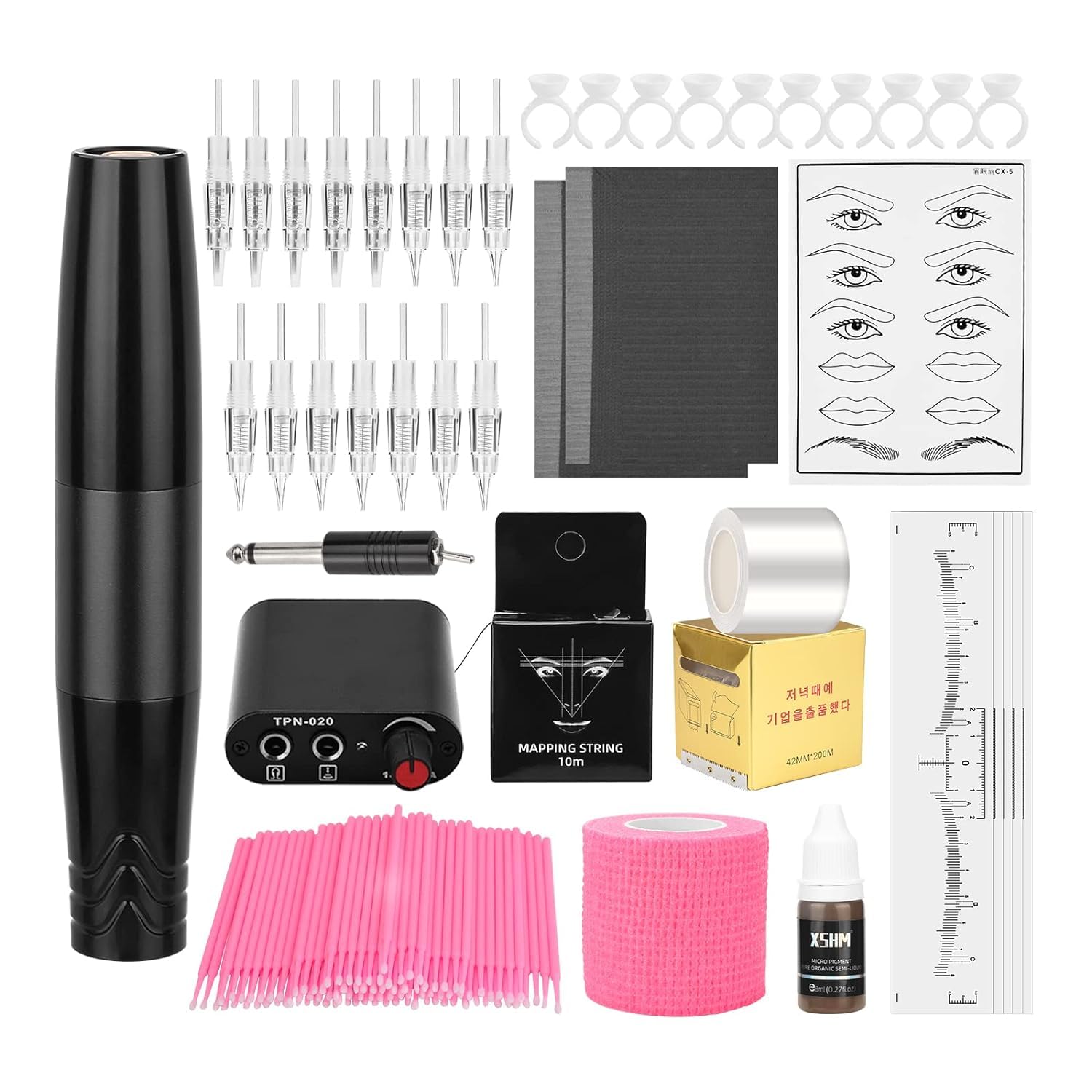 ATOMUS Black Permanent Eyebrow Pen Tattoo Machine Set Eyebrow Tattoo Pen Kit with 15pcs Needles Mapping String Pigment for Eyebrow Lip Eyeliner Tattoo Micro-blading