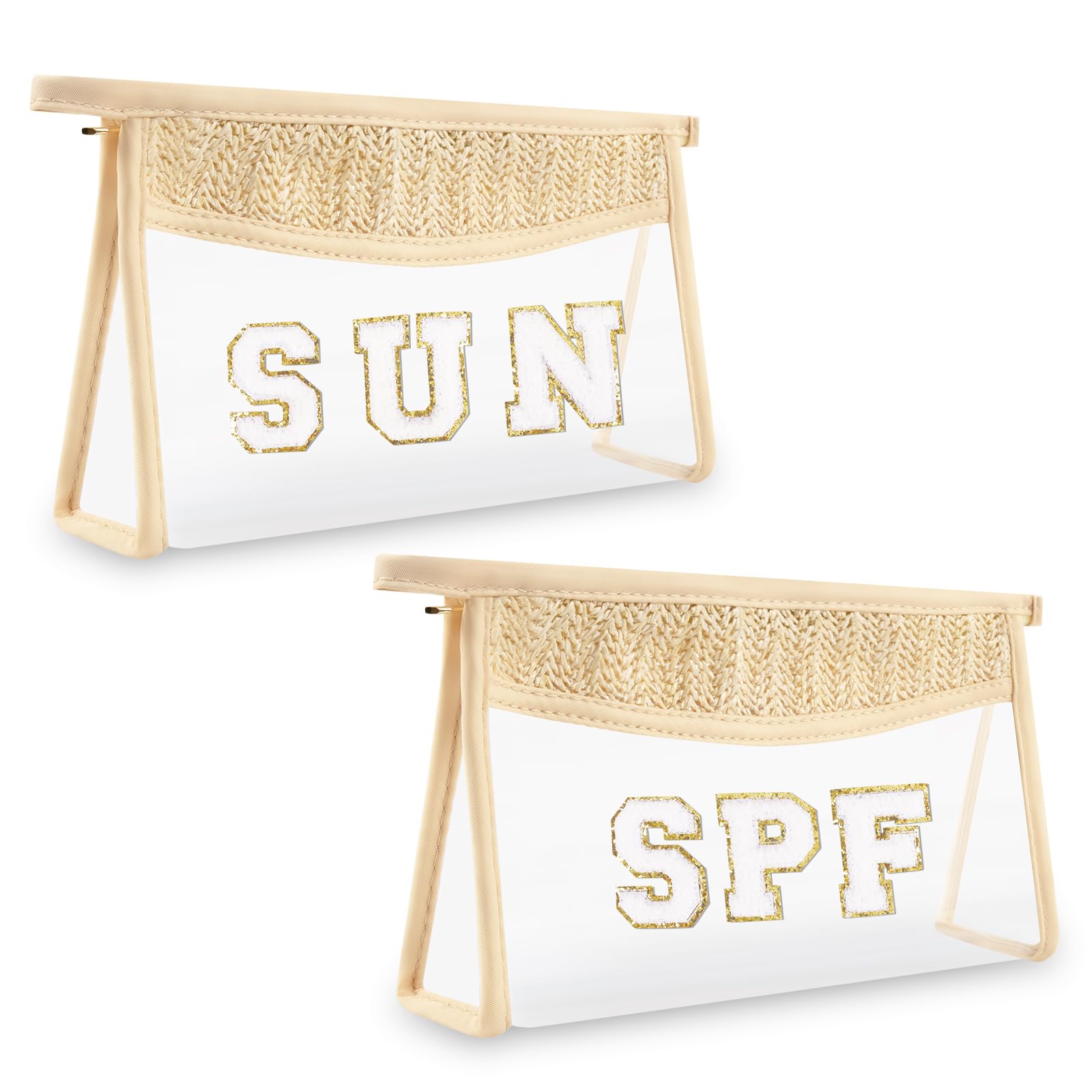 Photo 1 of Iqimott 2Pcs Boho Patch SPF Bag Clear Letter Sun Bag, Waterproof Zipper Makeup Bag Toiletry Pouch for Women Girls, Clear Letter Patch Cosmetic Bag Transparent Organizer Pouch for Travel(SPF, Sun)