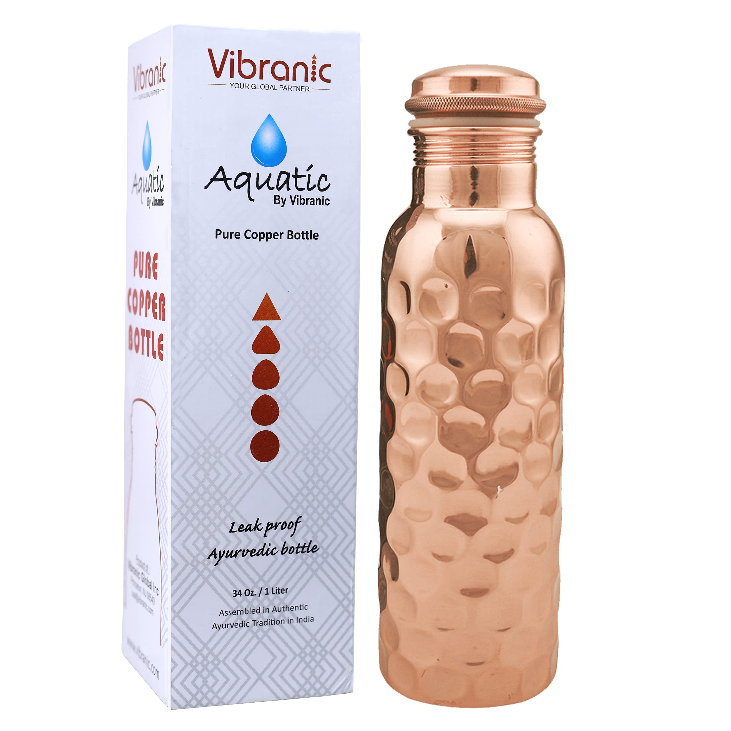 VIBRANIC Aquatic DIAMOND HAMMERED Ayurvedic Copper Water Bottle 34oz - Pure Copper Bottle for Sports, Fitness, Yoga - Natural Health Benefits - Made in India