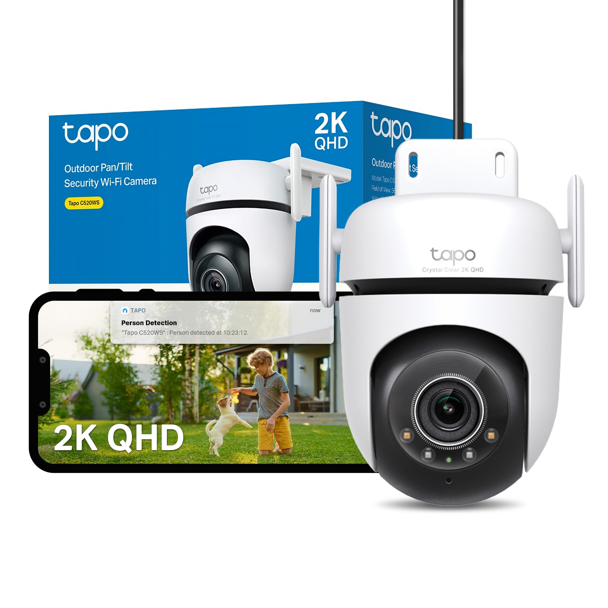 Tapo C520WS Pan/Tilt Outdoor Security Camera, 2K 4MP WiFi Outdoor Camera, 360° Vision Motion Tracking, No Monthly Fee, AI Detection, Starlight Colour Night Vision, IP66, Works with Alexa & Google