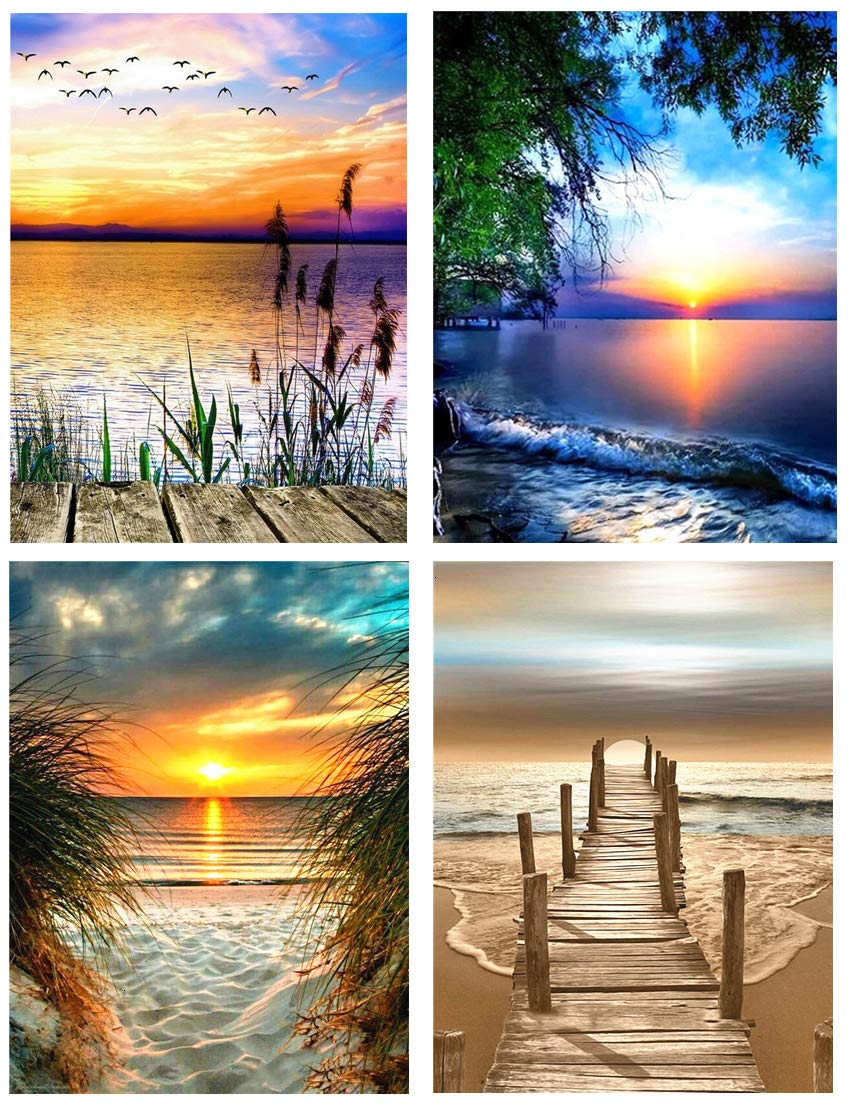 (4 Pack) DIY 5D Diamond Painting Kits,View Painting by Number Kits, Painting Cross Stitch Full Drill Crystal Rhinestone Embroidery Pictures Arts Craft for Home Wall Decor Gift.(12'*16"Inchs)