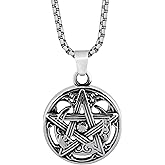 HAQUIL Pentacle Necklace, Silver Tone Stainless Steel Wiccan Crescent Moon Pentacle Pendant, Box Chain, Pagan Wiccan Jewelry Gift