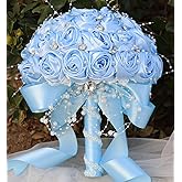 Mhojpik Bridal Wedding Bouquet Round Bling Brooch Bouquet Throw Toss Artificial Rose Flower Bunch for Bride Bridesmaid Wedding Quinceanera(Light Blue, 6.3")