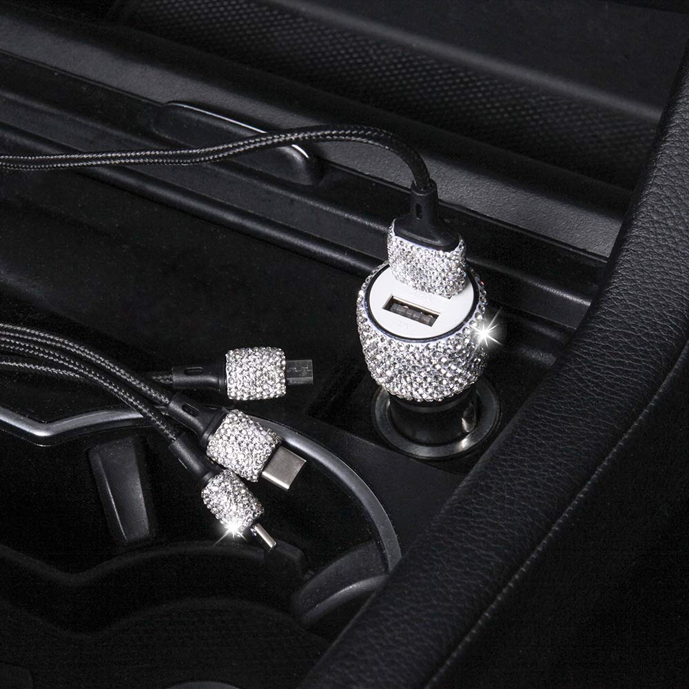 Cigarette Lighter USB Charger Rhinestones Crystal Bling Glitter Diamond Car Charger Dual USB Car Charger Compatible with iPhone GalaxyHuawei Car Mobile Phone Chargers & Quick Charging Cable, White