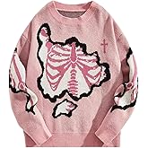 CORIRESHA Women's Halloween Skeleton Sweater Round Neck Y2k Pattern Loose Knitted Gothic Pullover Top