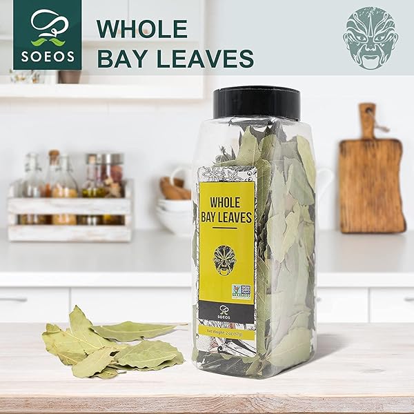 SOEOS BAY LEAVES WHOLE, 2 OZ(57G), NON-GMO VERIFIED, DRIED LEAF, FRESHLY PACKED TO KEEP FRESH, LAUREL HERBS FOR COOKING, DRIED BAY LEAVES, FRESH, GREEN