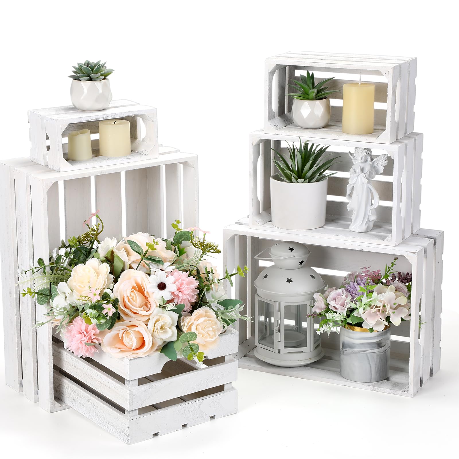 Photo 1 of ***** MISSING 3 ***** CroBlissful 6 Pcs Decorative Wood Crates for Storage Display Rustic Nesting Crates with Handle Farmhouse Wooden Storage Container Boxes for Wedding Decorations Christmas Party Supplies (Vintage White)