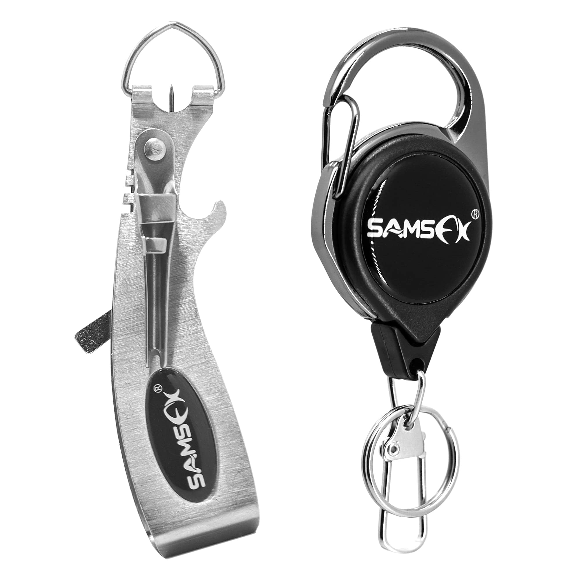 SAMSFX Fishing Quick Knot Tying Tool 6 in 1 Fly Line Clippers with Zinger Retractor (6 in 1 Clipper & Carabiner Style Zinger Retractor)