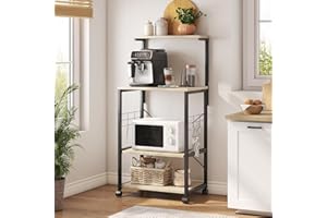 Bestier Bakers Rack, 4-Tier Microwave Stand Coffee Bar Table on Wheels, Utility Storage Rack with Sliding Shelf & 10 Side Hooks for Kitchen, Living Room, Dining Room, Oak
