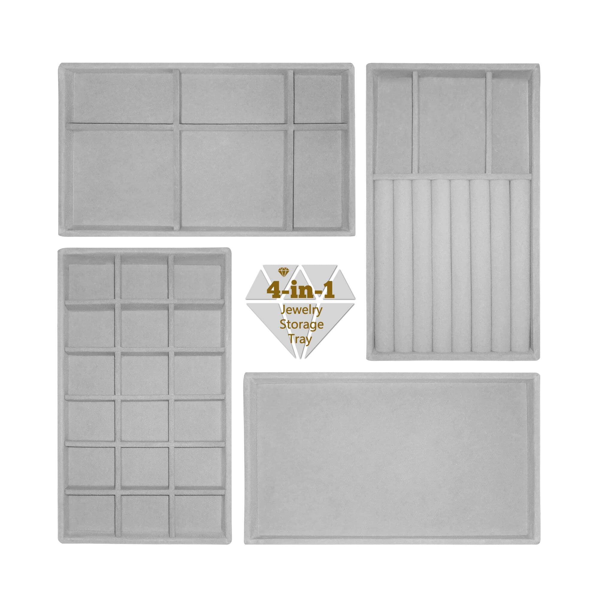 LucyStudio Jewellery Drawer Organiser 4-in-1 Stackable Gray Tray Velvet Stackable Storage Box Showcase Bangle Storage Jewellery Display Tray for Earring Ring Necklace Bracelet