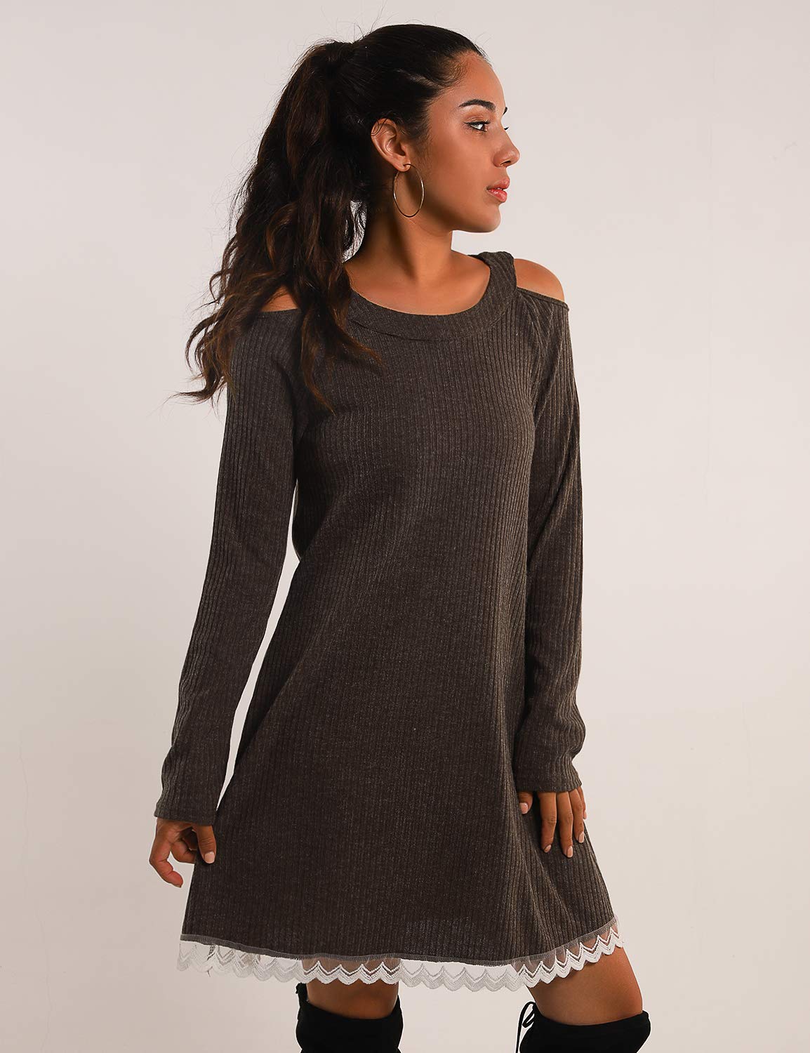 Blooming Jelly Women\'s Casual Cold Shoulder Lace Sweater Dress Long Sleeve Pleated Knit-Ribbed Swing Tunic Dress(M, Brown)