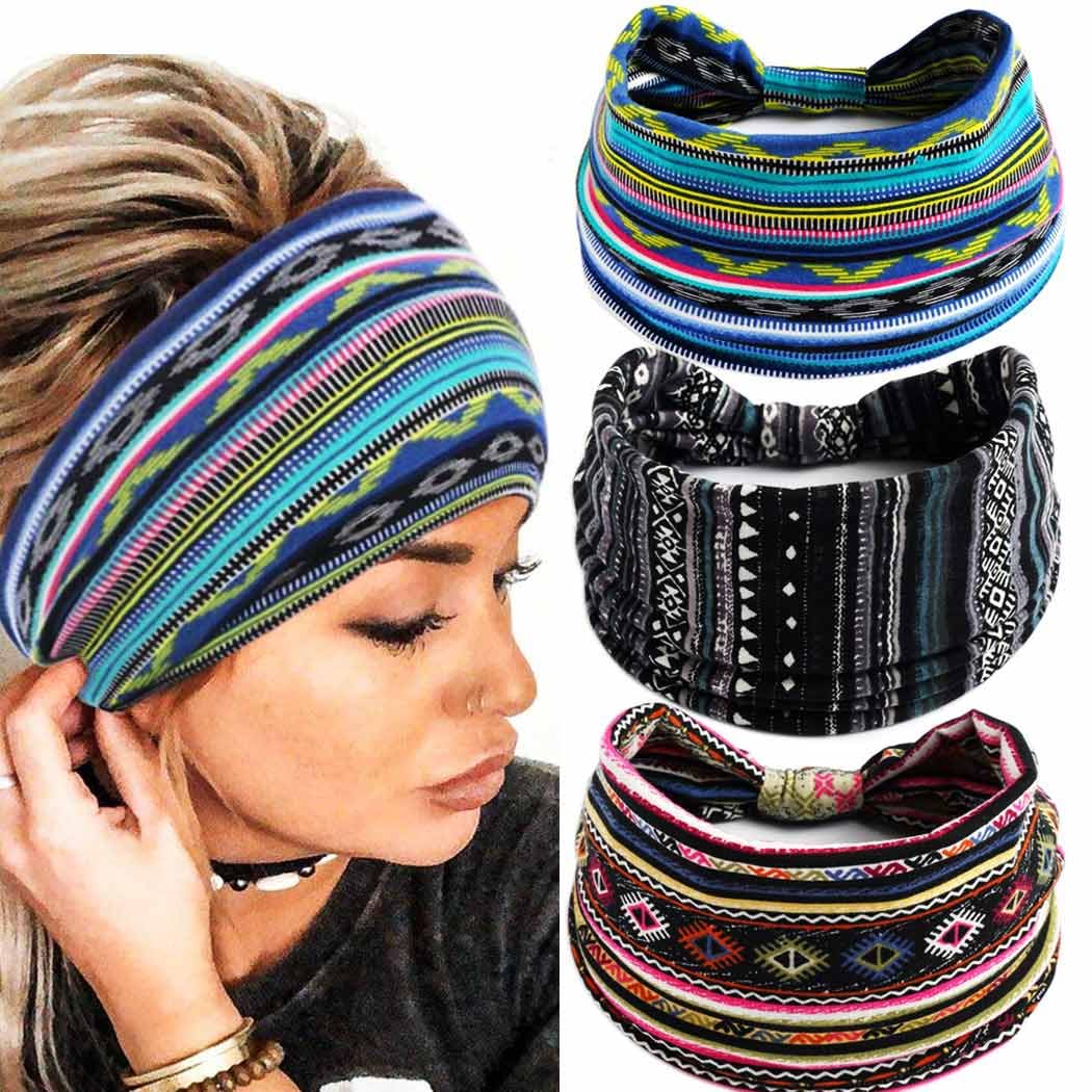 Zoestar Boho Wide Headbands Blue Stripe Hair Bands Knotted Turban Head Scarfs Stylish Elastic Thick Head Wraps for Women and Girls(Pack of 3) (B)