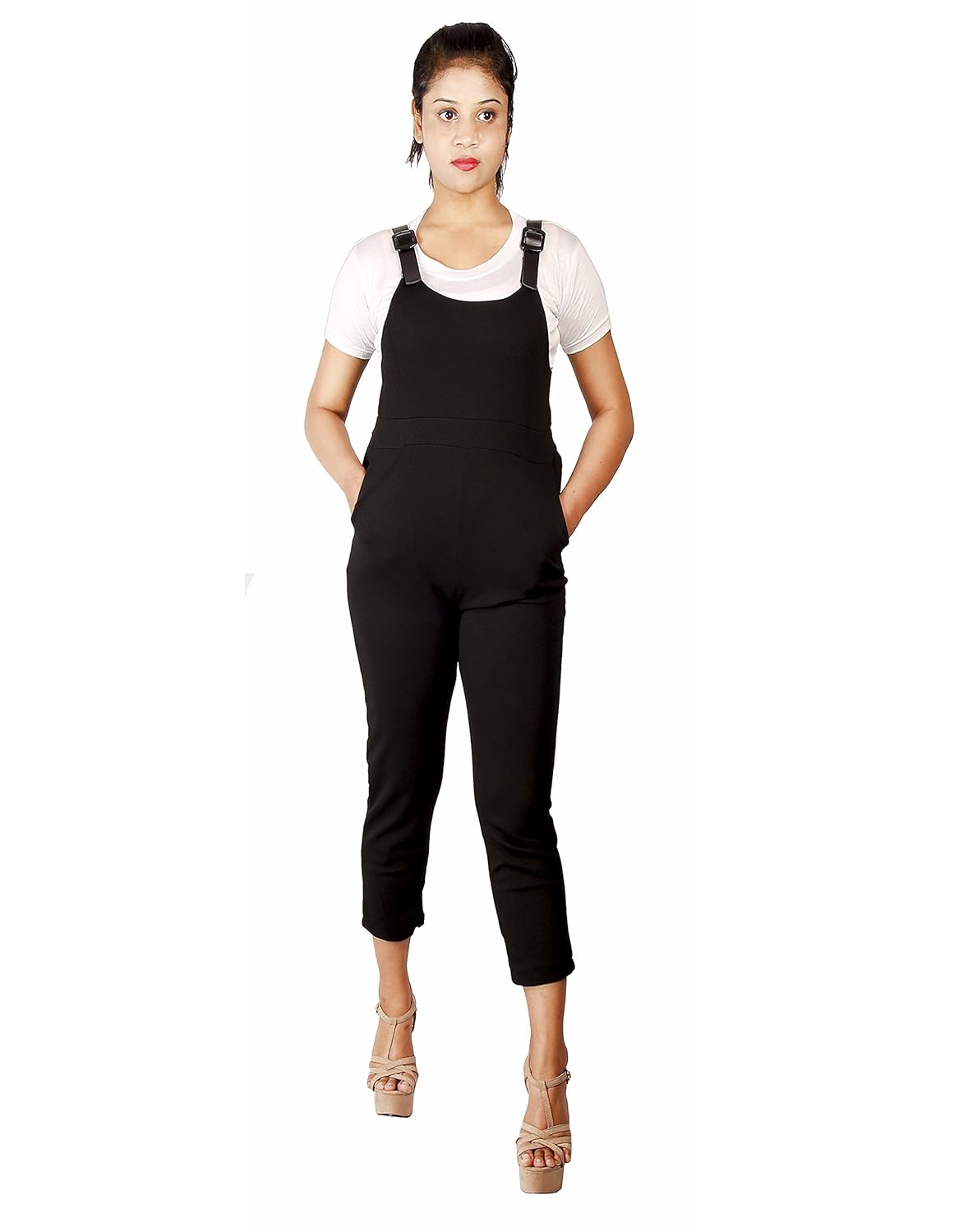 mitra creations skater pants with cross back overalls for pretty women - leather belt pant jumpsuit - c