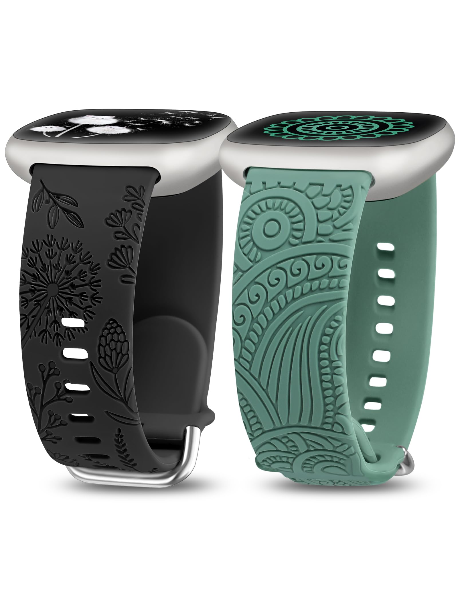 TOYOUTHS 2 Packs Floral Compatible with Fitbit Versa 4/Versa 3/Sense 2/Sense Straps, Soft Silicone Engraved Henna and Dandelion Pattern Sport Strap for Versa 3/4 Sense 1/2, Black+Green — image 1