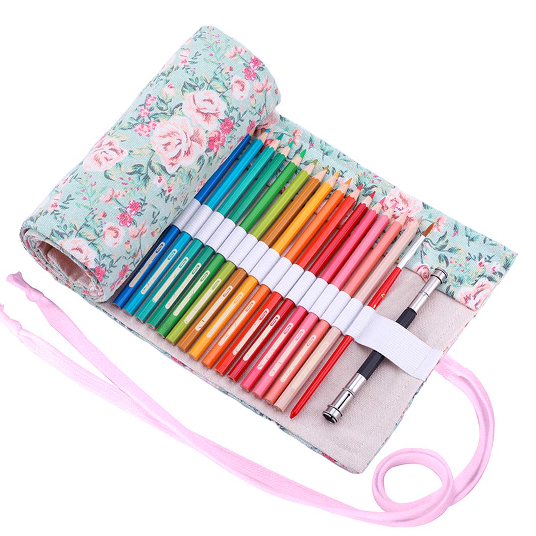Amoyie Roll Up Pencil Case for 72 Coloring Pencil Canvas Storage Bag Pencil Wrap Flower
