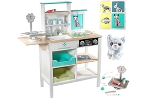 SVAN Vet Center Pretend Pet Hospital Playset - Wooden Animal Interactive Medical Checkup Set with Toy Cat, X-Ray Cards, Stethoscope & Veterinarian Medical Accessories, Fun Doctor Role Play Gift for Kids