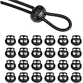 LEMESO 20 PCS Spring Cord Lock Double Hole Plastic Draw Round String Clip Elastic Lace Lock for Paracord Accessories Shoe Lace Tie Locks, Black